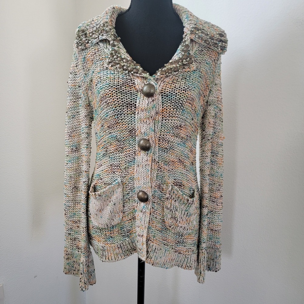 VTG Vertigo Paris Medium Beaded Collar Space Dye Chunky Knit Cardigan Sweater